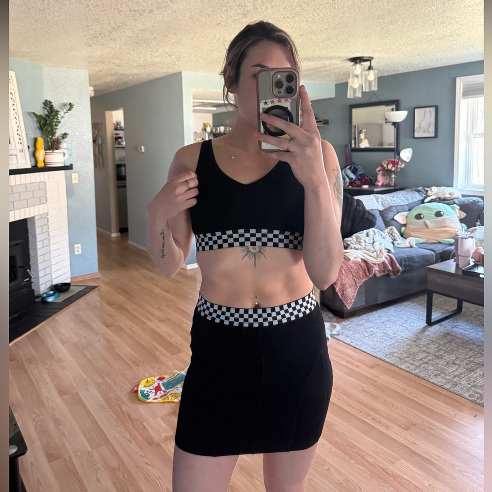 Black Checkered Crop Top and Skirt Set